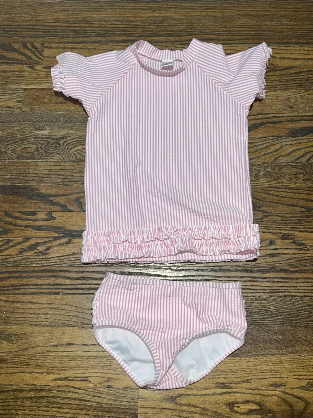 Ruffle Butts Pink Seersucker 3-Piece Swim Set with Sun Hat